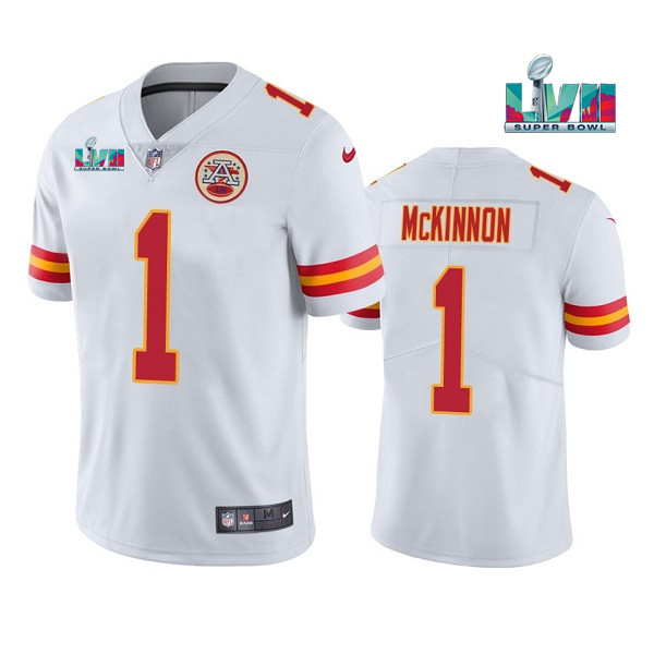 Men's Kansas City Chiefs #1 Jerick McKinnon White Super Bowl LVII Patch Vapor Untouchable Limited Stitched Jersey