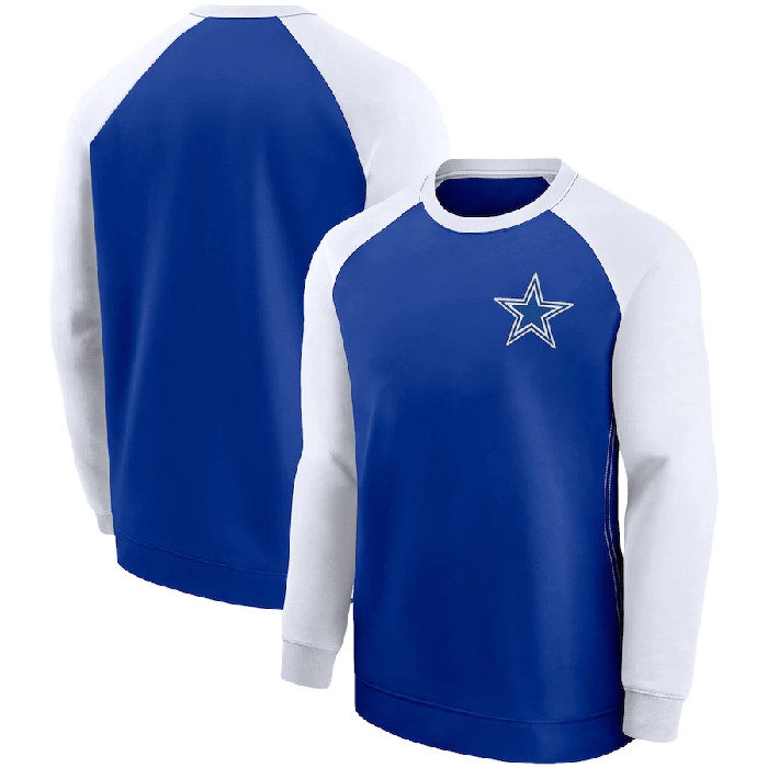 Men's Dallas Cowboys Royal/White Historic Raglan Crew Performance Sweater