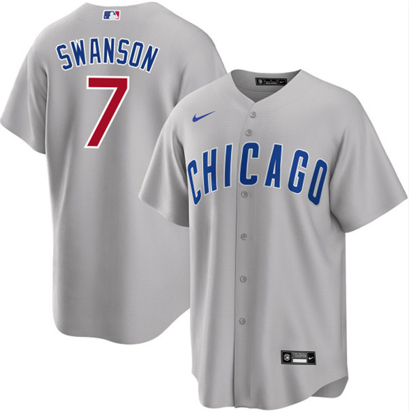 Men's Chicago Cubs #7 Dansby Swanson Gray Cool Base Stitched Baseball Jersey