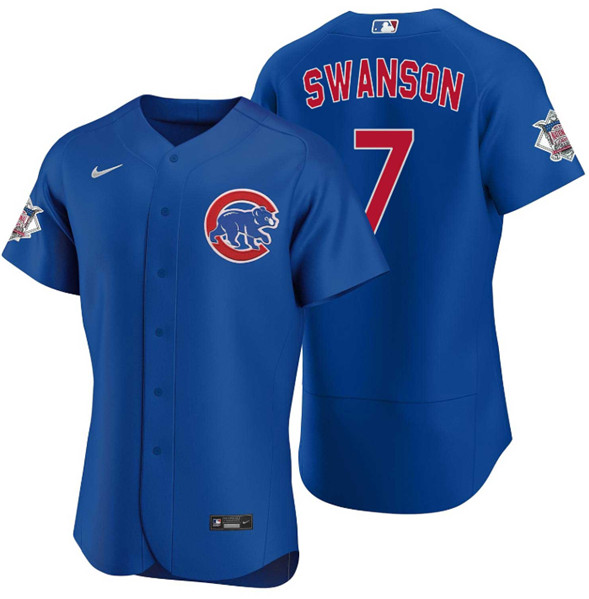 Men's Chicago Cubs #7 Dansby Swanson Royal Flex Base Stitched Baseball Jersey