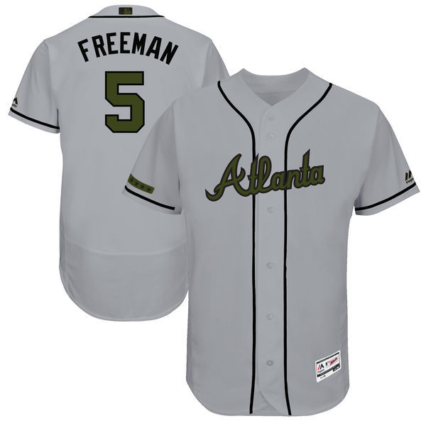 Men's Atlanta Braves #5 Freddie Freeman Majestic Gray 2017 Memorial Day Authentic Collection Flex Base Player Stitched MLB Jersey