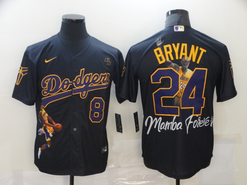 Men's Los Angeles Dodgers Front #8 Back #24 Kobe Bryant Black With KB Patch Cool Base Stitched MLB Jersey