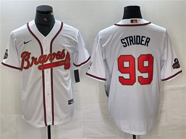 Men's Atlanta Braves #99 Spencer Strider White/Gold World Series Champions Cool Base Stitched Baseball Jersey