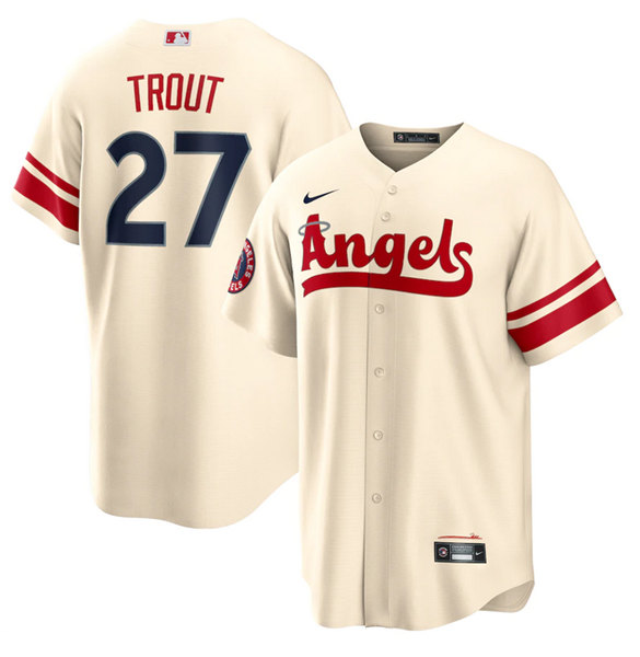 Men's Los Angeles Angels #27 Mike Trout Cream 2022 City Connect Cool Base Stitched Jersey