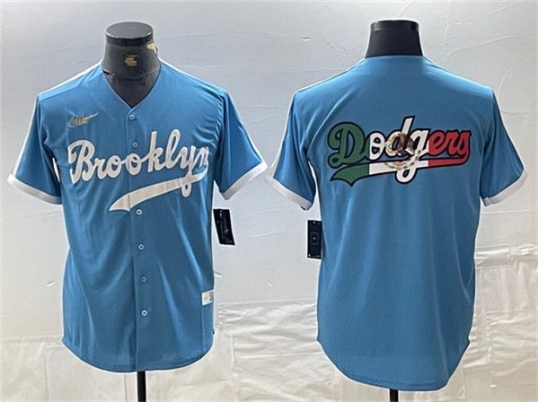 Men's Los Angeles Dodgers Team Big Logo Light Blue Throwback Cool Base Stitched Baseball Jersey