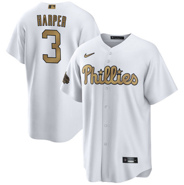 Men's Philadelphia Phillies #3 Bryce Harper White 2022 All-Star Cool Base Stitched Baseball Jersey