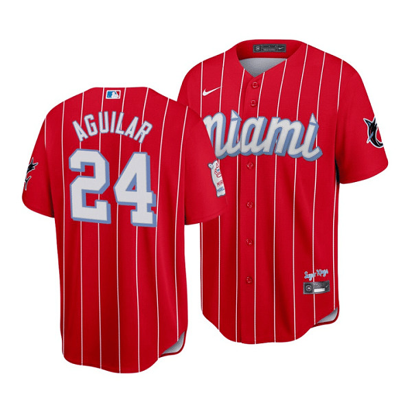 Men's Miami Marlins #24 Jesus Aguilar 2021 Red City Connect Cool Base Stitched MLB Jersey