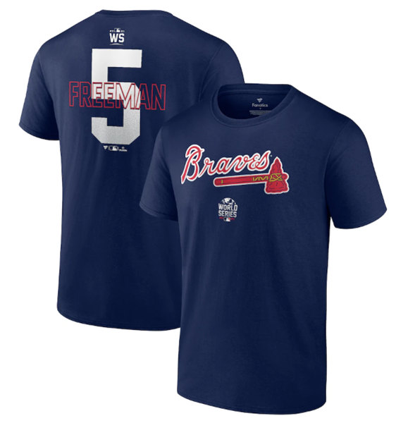 Men's Atlanta Braves #5 Freddie Freeman 2021 Navy World Series Bound Closer Name & Number T-Shirt