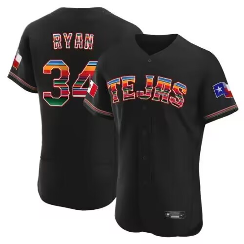 Men's Texas Rangers #34 Nolan Ryan Mexican Black Flex Base Stitched Baseball Jersey