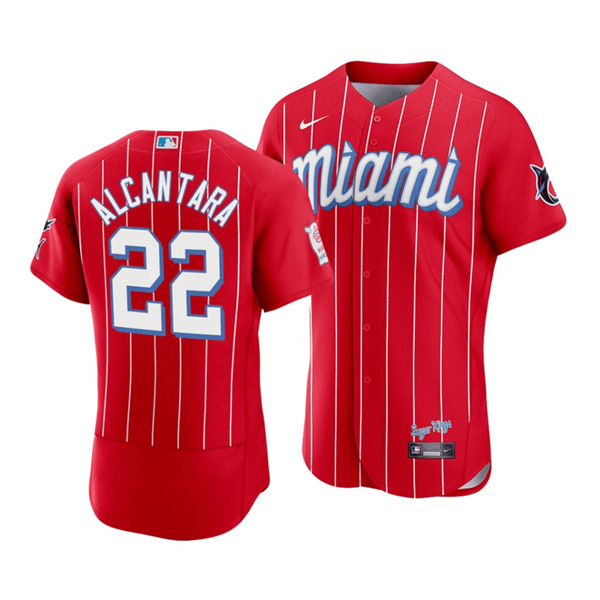 Men's Miami Marlins #22 Sandy Alcantara 2021 Red City Connect Flex Base Stitched MLB Jersey