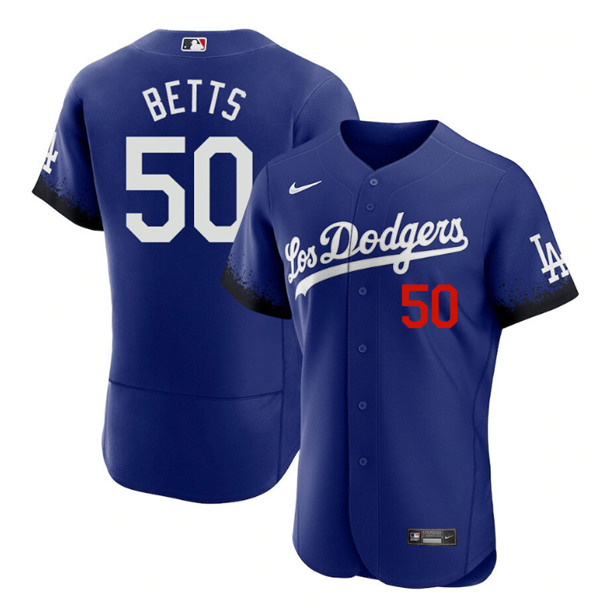 Men's Los Angeles Dodgers #50 Mookie Betts 2021 Royal City Connect Flex Base Stitched Baseball Jersey