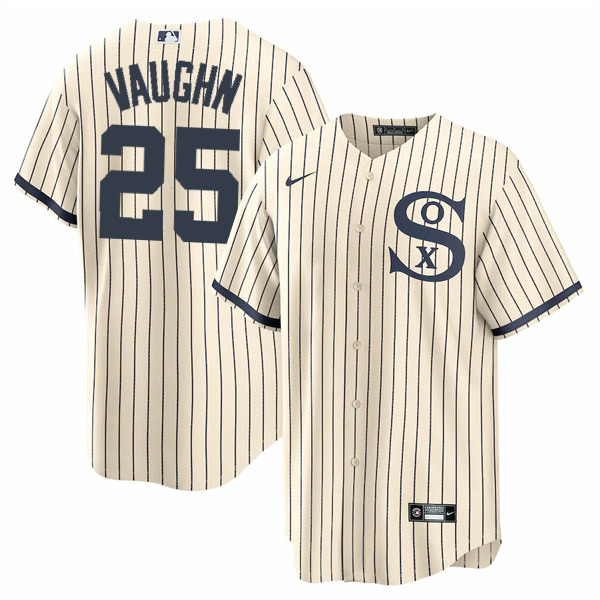 Men's Chicago White Sox #25 Andrew Vaughn 2021 Cream/Navy Name&Number Field of Dreams Cool Base Stitched Jersey