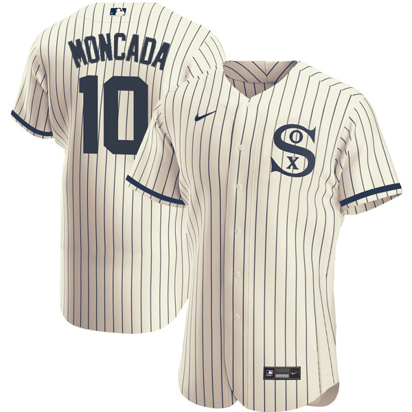 Men's Chicago White Sox #10 Yoan Moncada 2021 Cream/Navy Field of Dreams Name&Number Flex Base Stitched Jersey