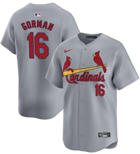 Men's St. Louis Cardinals #16 Nolan Gorman Gray 2024 Away Limited Stitched Baseball Jersey