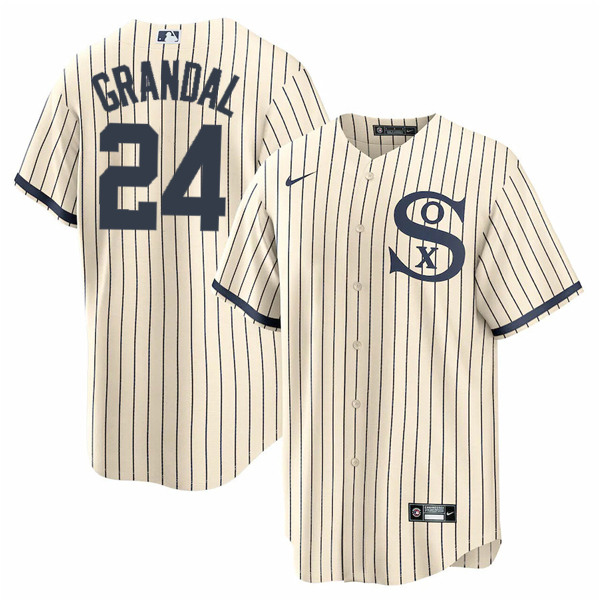 Men's Chicago White Sox #24 Yasmani Grandal 2021 Cream/Navy Name&Number Field of Dreams Cool Base Stitched Jersey