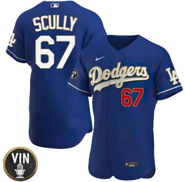 Men's Los Angeles Dodgers #67 Vin Scully 2022 Blue Vin Scully Patch Flex Base Stitched Baseball Jersey