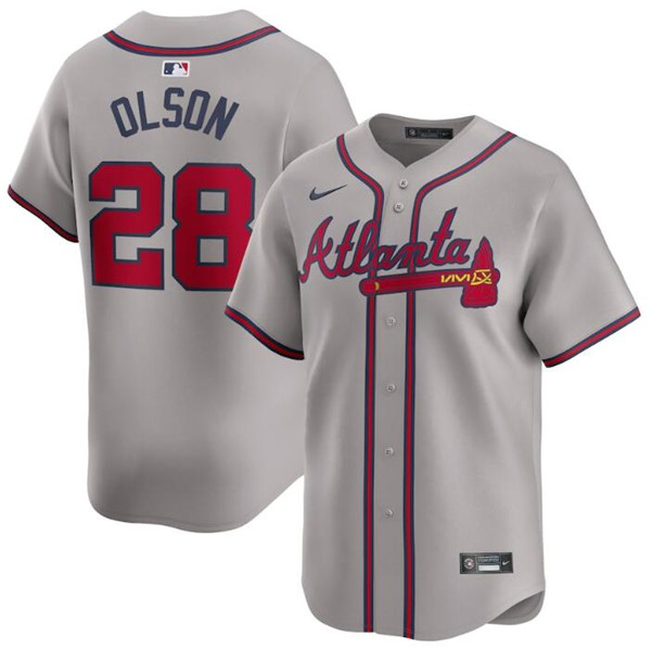 Men's Atlanta Braves #28 Matt Olson Gray 2024 Away Limited Stitched Baseball Jersey