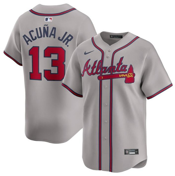 Men's Atlanta Braves #13 Ronald Acuña Jr. Gray 2024 Away Limited Stitched Baseball Jersey