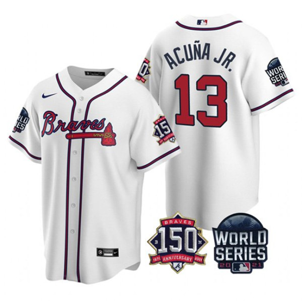 Men's Atlanta Braves #13 Ronald Acuna Jr. 2021 White World Series With 150th Anniversary Patch Cool Base Stitched Jersey