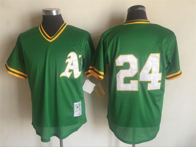 Men's Oakland Athletics #24 Rickey Henderson Mitchell And Ness Green 1991 Throwback Stitched MLB Jersey