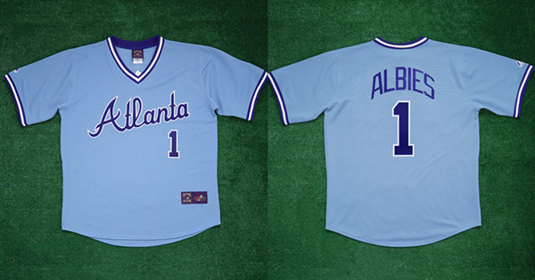 Men's Atlanta Braves #1 Ozzie Albies 1982 Light Blue Cool Base Stitched Baseball Jersey