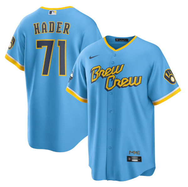 Men's Milwaukee Brewers #71 Josh Hader Powder Blue 2022 City Connect Cool Base Stitched Jersey