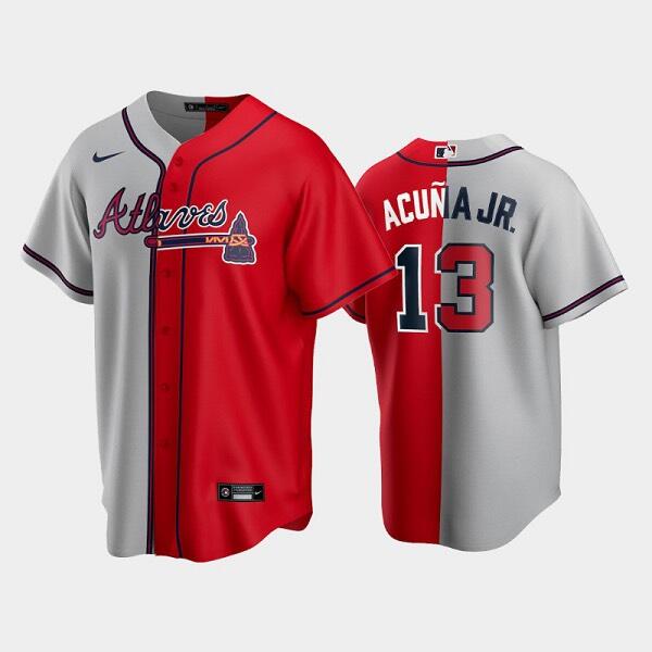 Men's Atlanta Braves #13 Ronald Acuna Jr. Gray/Red Spilt Cool Base Stitched Baseball Jersey