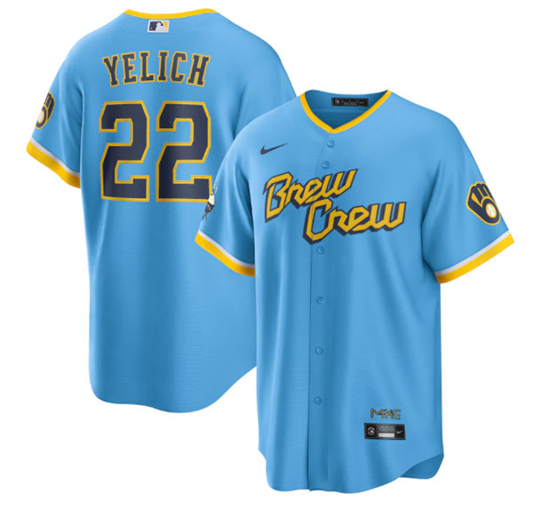 Men's Milwaukee Brewers #22 Christian Yelich Powder Blue 2022 City Connect Cool Base Stitched Jersey