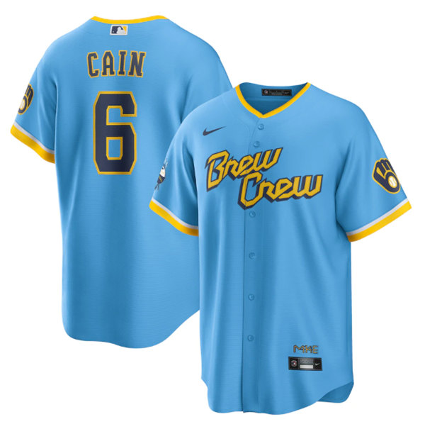 Men's Milwaukee Brewers #6 Lorenzo Cain Powder Blue 2022 City Connect Cool Base Stitched Jersey