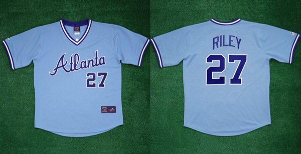 Men's Atlanta Braves #27 Austin Riley 1982 Light Blue Cool Base Stitched Baseball Jersey