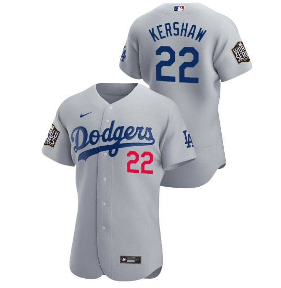 Men's Los Angeles Dodgers #22 Clayton Kershaw Gray 2020 World Series Sttiched MLB Jersey