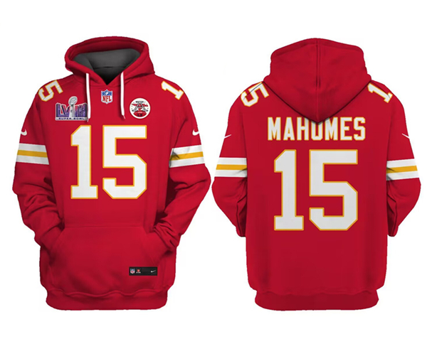 Men's Kansas City Chiefs #15 Patrick Mahomes Red Super Bowl LVIII Patch Limited Edition Hoodie