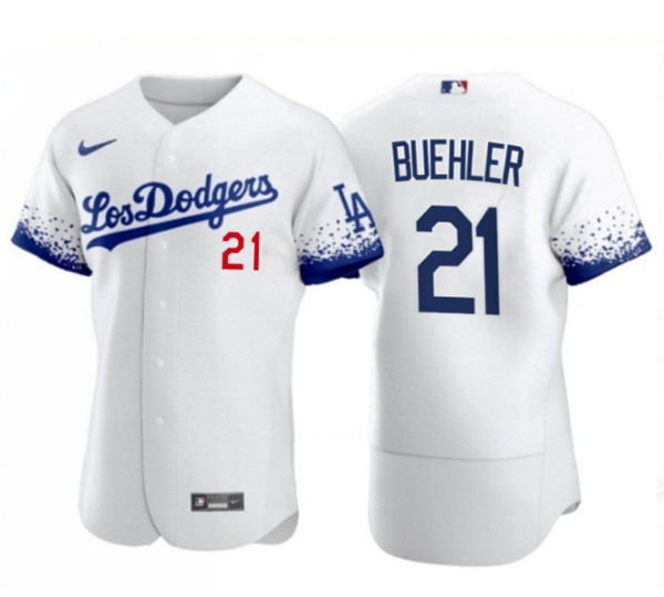 Men's Los Angeles Dodgers #21 Walker Buehler 2021 White City Connect Flex Base Stitched Baseball Jersey