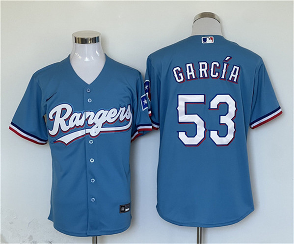 Men's Texas Rangers #53 Adolis Garcia Blue With Patch Cool Base Stitched Jersey