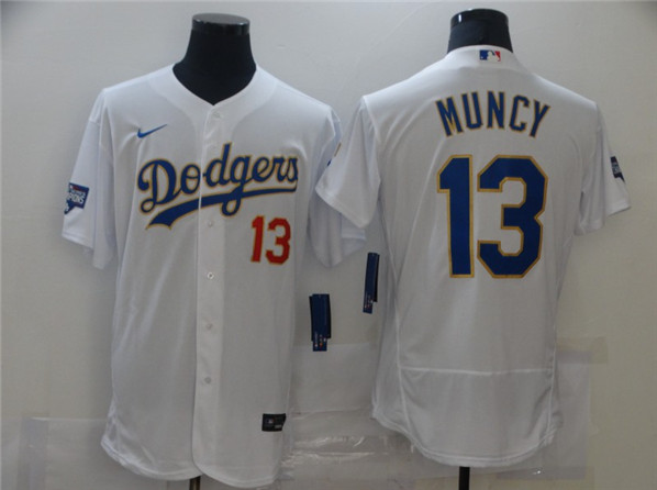 Men's Los Angeles Dodgers #13 Max Muncy White Gold Championship Flex Base Sttiched MLB Jersey