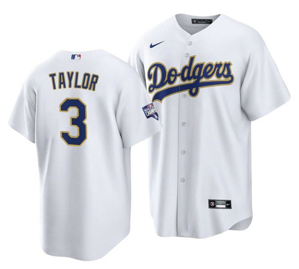 Men's Los Angeles Dodgers #3 Chris Taylor White Gold Championship Cool Base Stitched Baseball Jersey