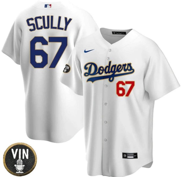 Men's Los Angeles Dodgers #67 Vin Scully White 2022 White Vin Scully Patch Cool Base Stitched Baseball Jersey