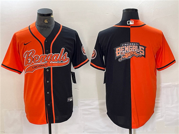 Men's Cincinnati Bengals Team Big Logo Black/Orange Split With Patch Cool Base Baseball Stitched Jersey