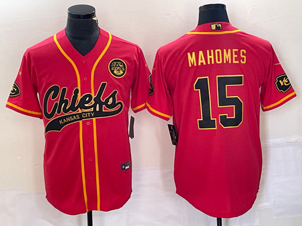 Men’s Kansas City Chiefs #15 Patrick Mahomes Red Gold Cool Base Stitched Baseball Jersey