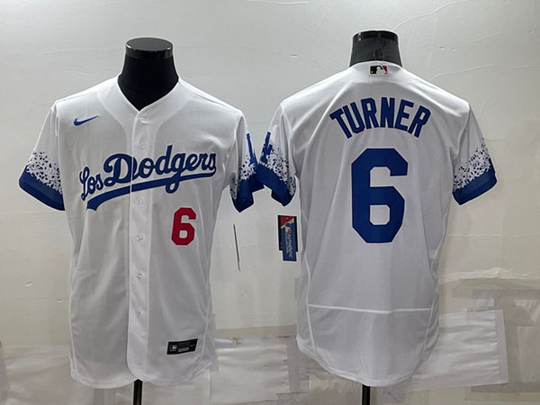 Men's Los Angeles Dodgers #6 Trea Turner 2021 White City Connect Flex Base Stitched Baseball Jersey