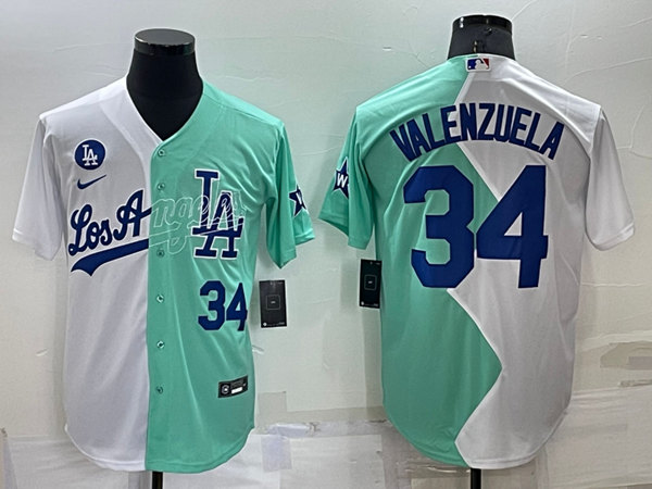 Men's Los Angeles Dodgers #34 Fernando Valenzuela White/Green 2022 All-Star Cool Base Stitched Baseball Jersey