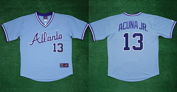 Men's Atlanta Braves #13 Ronald Acuña Jr 1982 Light Blue Cool Base Stitched Baseball Jersey