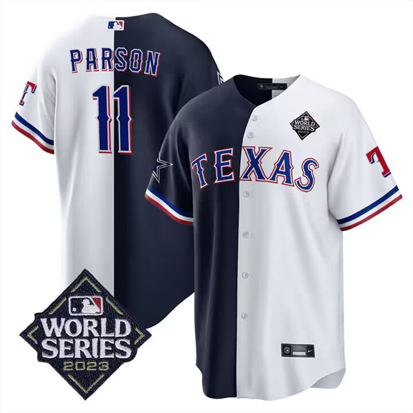 Men's Texas Rangers #11 Micah Parsons White/Navy split 2023 World Series Cool Base Stitched Baseball Jersey