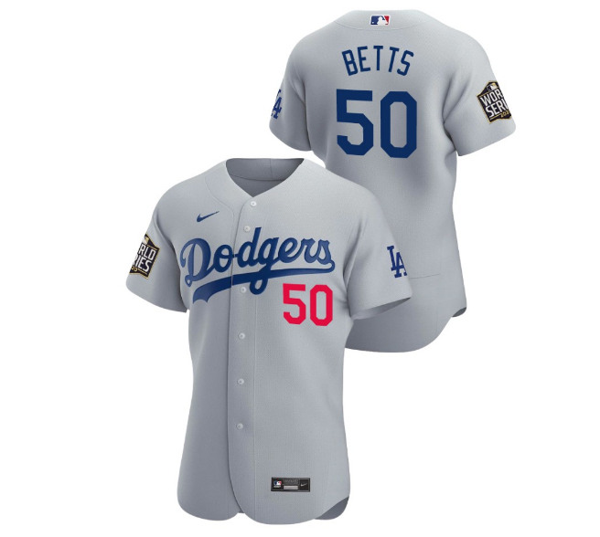 Men's Los Angeles Dodgers #50 Mookie Betts Gray 2020 World Series Sttiched MLB Jersey