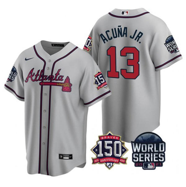 Men's Atlanta Braves #13 Ronald Acuna Jr. 2021 Gray World Series With 150th Anniversary Patch Cool Base Stitched Jersey