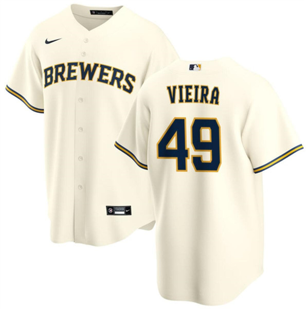 Men's Milwaukee Brewers #49 Thyago Vieira Cream Cool Base Baseball Stitched Jersey
