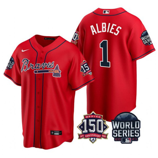 Men's Atlanta Braves #1 Ozzie Albies 2021 Red World Series With 150th Anniversary Patch Cool Base Stitched Jersey