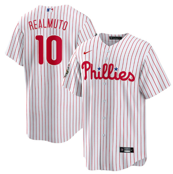 Men's Philadelphia Phillies #10 J.T. Realmuto White 2022 World Series Cool Base Stitched Baseball Jersey