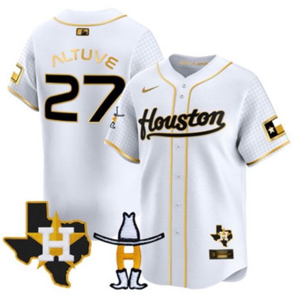 Men's Houston Astros #27 Jose Altuve White/Gold With Patch Cool Base Stitched Baseball Jersey