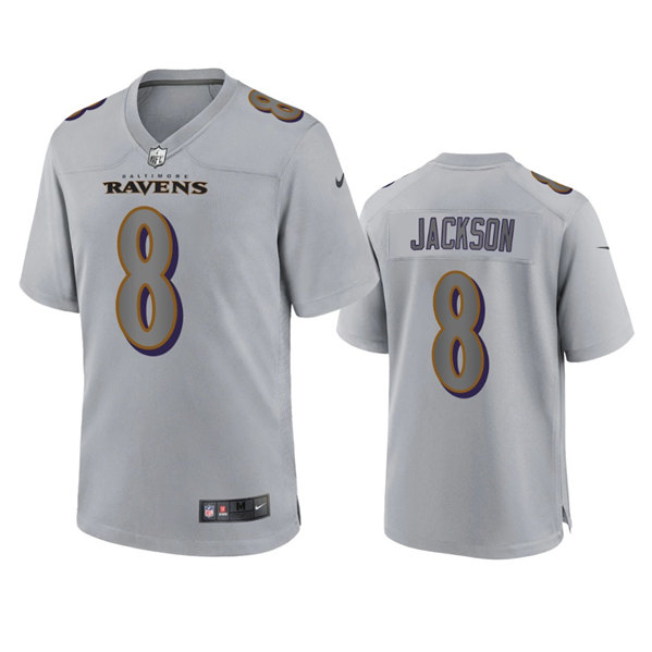 Men's Baltimore Ravens #8 Lamar Jackson Gray Atmosphere Fashion Stitched Game Jersey